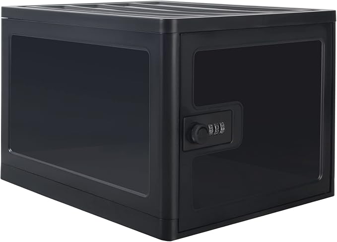 Large Lockable Clear Storage Box for Food, Tech and Home Safety, Medicine Lock Box for Safe Medication, Lockable Storage Bin, Refrigerator Storage Bins, Tablet Phone Jail (Black)