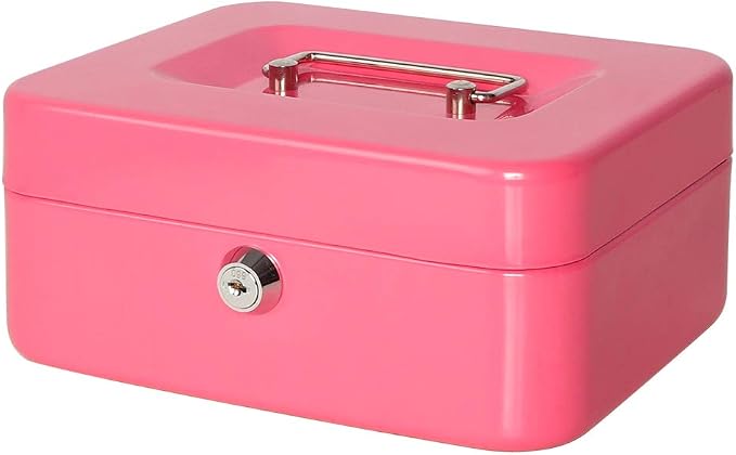 Jssmst Small Cash Box with Key Lock - Durable Metal Cash Box with Money Tray Pink, CB0104M
