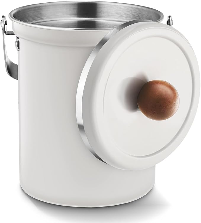 WAGENSTEIGER Kitchen Countertop Compost Bin 101ounces / 3Liters, Airtight Lid SUS304 Stainless Steel Odor-Free Food Waste Bin with Wooden Handle Stylish Design/Bathroom Trash Can (White)