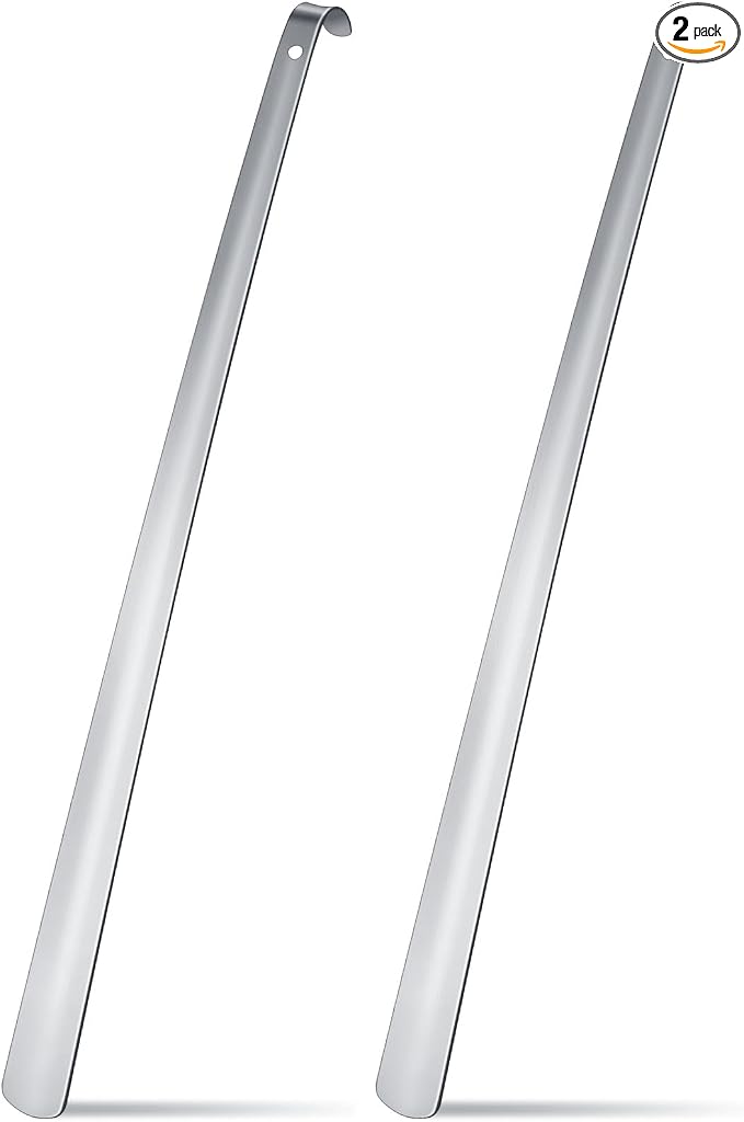 Geelin 2 Pcs 31.5'' Extra Long Handled Shoe Horn Metal Shoehorn for Men Women Multifunctional Stainless Dressing Stick for Elderly Disabled Limited Mobility, Standing Reach Assist for Senior (Silver)