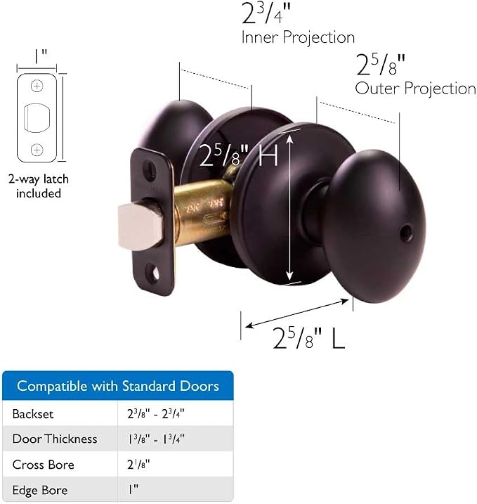 Design House 779181 Egg Privacy Bed and Bath Door Knob Matte Black | Adjustable Latch, Surface, Traditional, Brass, Hardware, 779181