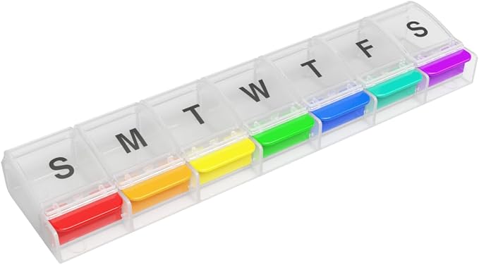 EZY DOSE Weekly (7-Day) Pill Case, Medicine Planner, Daily Vitamin Organizer Box, X-Large Push-Button Compartments, Convenient and Easy to Use, Arthritis Friendly, Clear Lids, Rainbow, BPA Free