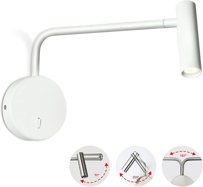 ZEROUNO Wall Mounted Reading Light for Bedroom Hardwired Sconce with Switch on/Off Modern 3000K Bedside Swing Arm Wall Lamp (White)