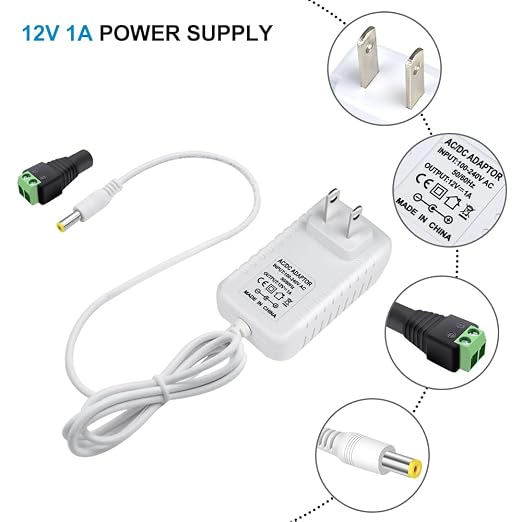 12V Power Supply, 12 Volt 1A 12W DC Power Supply, White Switching LED Power Adapter, AC 110V to 12V Wall Mounted Transformer Plug for LED Strip Lights with 5.5/2.1 DC Female Connector