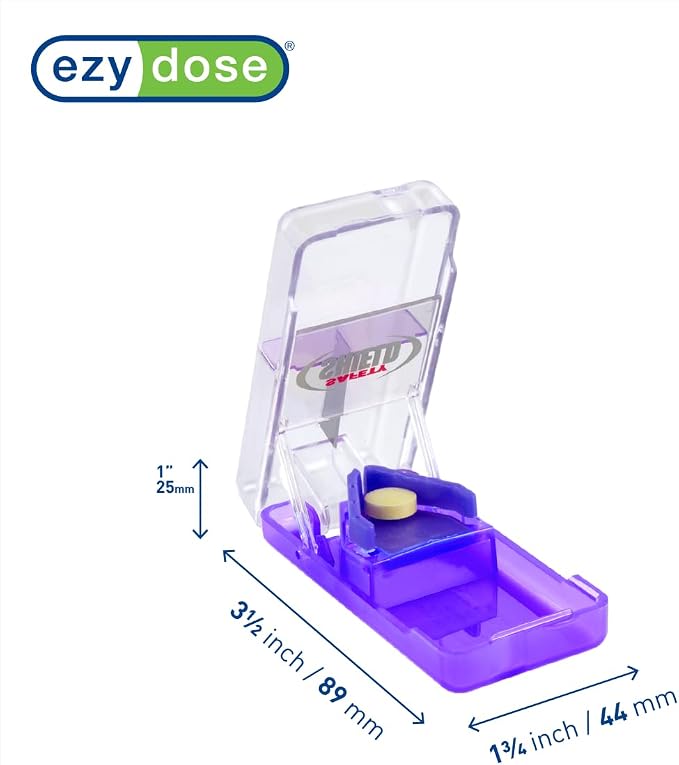 Ezy Dose Pill Cutter and Splitter with Safety Shield, Daily Usage, Safely Cut Pills, Vitamins, Tablets in Half, Accurate and Easy Cutting, Stainless Steel Blade, Travel Sized, Purple, BPA Free