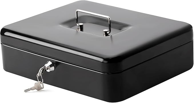 Jssmst Large Cash Box with Key Lock - Durable Metal Cash Box with Money Tray, 11.81 x 9.84 x 3.46 inches (X-Large, Black)