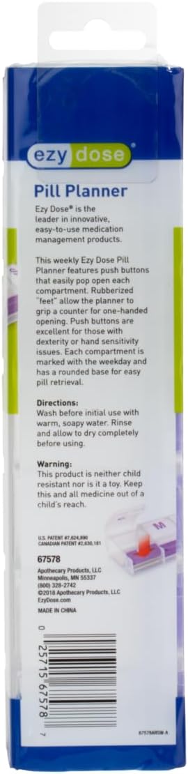 EZY DOSE Pill Organizer Weekly (7-Day), Medicine Planner, Vitamin Case/Box, 2X-Large Push-Button Compartments, Easy to Use, Travel-Friendly, Blue, BPA Free