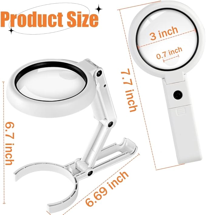 Magnifying Glass with Light and Stand, Foldable Handheld Large Magnifying Glass, Dual Brightness LED Illuminated Lighted Magnifier for Macular Degeneration, Seniors Reading, Close Work, Coins, Jewelry