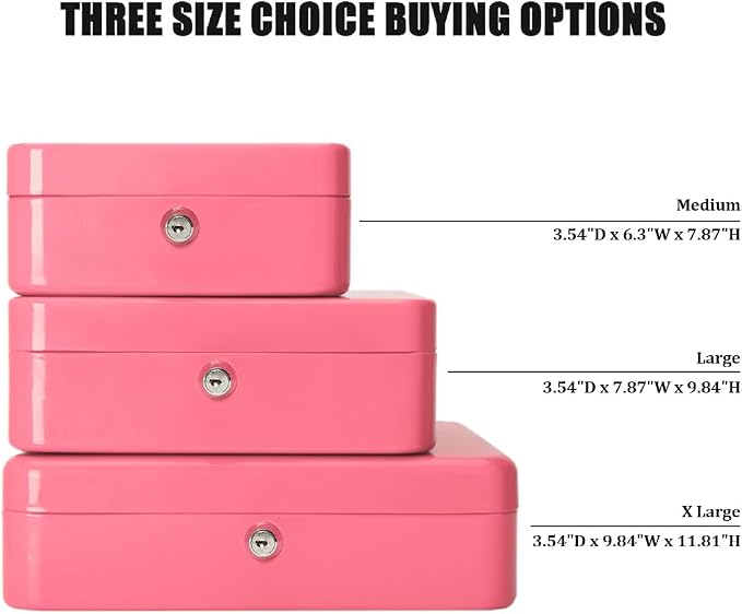 Jssmst Small Cash Box with Key Lock - Durable Metal Cash Box with Money Tray Pink, CB0104M