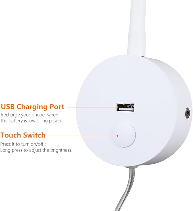 Wall Mounted Reading Lamp USB Charger Matt White LED 3W Warm White 3000K Plug for Reading (White USB Charger Dimmer 2pcs)