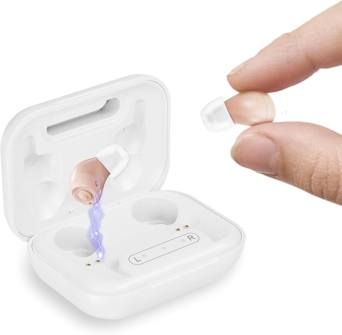 Hearing Aids for Seniors, Mini Rechargeable and Long-Lasting Invisible in-THE-Ear Hearing Aids with Noise Cancelling, Customizable Listening Experience and Easy Control (Beige)