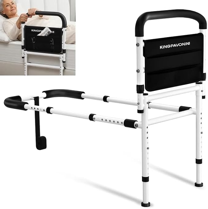 KingPavonini Bed Rails for Elderly Adults Safety ASTM-Approved, 2026 Upgrade Bed Rails for Seniors with Adjustable Anti-Wobble Feet, 400lb Bed Cane, Non-Slip Handle & Storage Bag, No-Tools, Model GL04