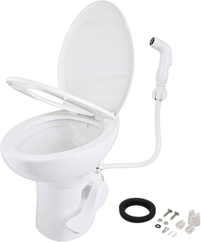 SEAFLO Porcelain RV Toilet with Sprayer Attachment - Elongated Bowl 19” Inch Residential Height, Gravity Flush, Foot Pedal Soft Close Seat Camper Motorhome Easy Install 4 -year Warranty SFRTCH-02-02