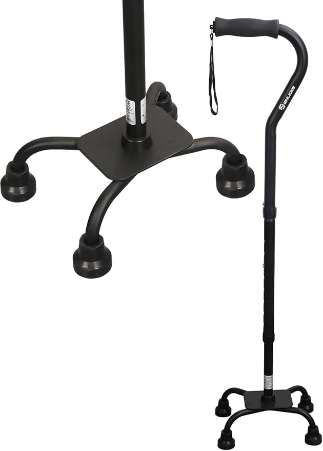 WHLICKS Quad Cane for Stability, Adjustable Walking Cane for Women & Men with A Large 4 Pronged Base for Balance, Self Standing Cane, 350lbs Heavy Duty Cane with 4 Legs, Walking Sticks for Seniors