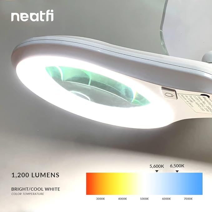 Neatfi (New Model Bifocals 1,200 Lumens Super LED Magnifying Lamp with Clamp, Dimmable, 5 Inches Diameter Lens, Adjustable Arm Utility Clamp (8 Diopter + 20 Diopter, White)