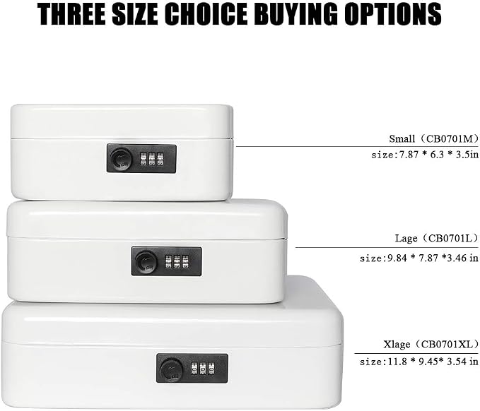 Jssmst Cash Box with Combination Lock - Durable Metal Cash Box with Money Tray, Large, White