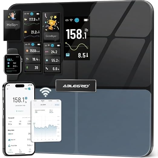 ABLEGRID Smart WiFi Digital Bathroom Scale for Body Weight, Auto-Rotating TFT Display Body Fat Scale with BMI Muscle Mass, 500lb High Capacity, 11.8" Platform, 20 Accurate Body Compositions via App