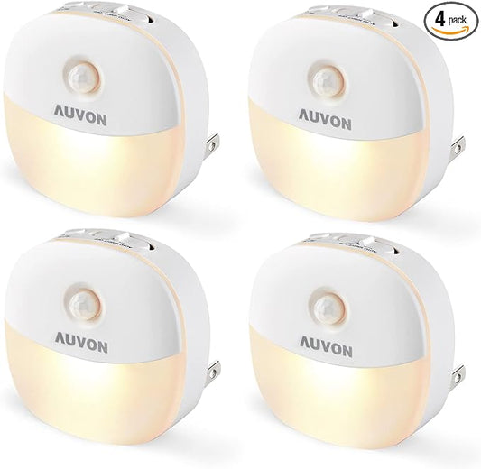 AUVON Plug in Night Light with Motion Sensor and Dusk to Dawn Sensor, Mini Warm White LED Nightlight with 1-50 lm Adjustable Brightness for Bathroom, Hallway, Stairs, Bedroom, Kitchen, 4 Packs