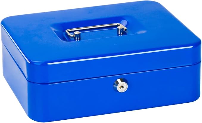 Jssmst Cash Box with Tray - Cash Box with Key Lock Safe Money Box with Cash Tray, Money Saving Box Lock Box for Money, 9.84'' x 7.87'' x 2.6'', Blue