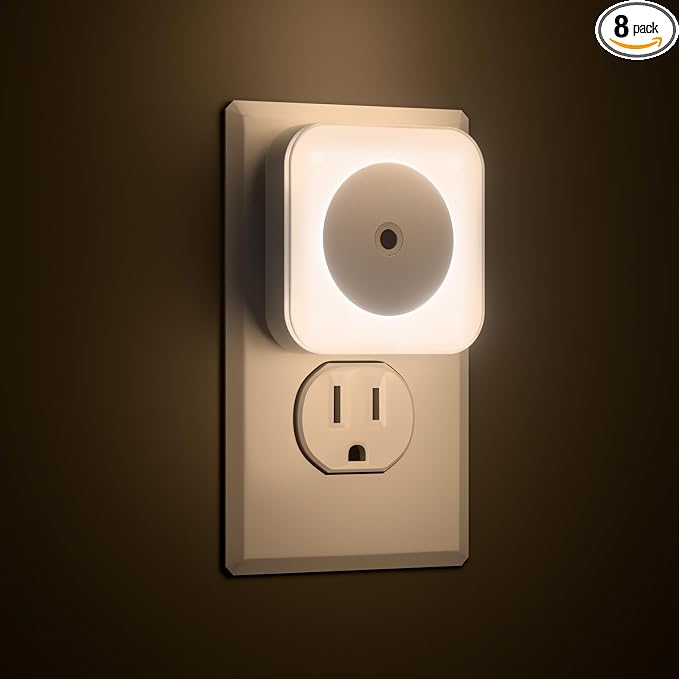 8-Pack LED Night Lights Plug into Wall,Bright Nightlight Auto-On/Off and Dimmable,0.5W Plug in Socket Night Light,Smart Sensor,Daylight White,for Adults Kids Bedroom Bathroom Hallway Kitchen Decor (8)