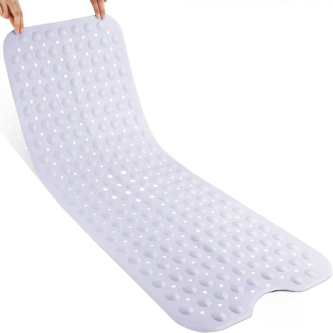 Yimobra Non Slip Bathtub Mat 40 x 16 Inch, Extra Long Shower Mat with Drain Holes, Machine Washable Baby Bath Mats, Strong Suction Cups for Bathroom Floor, Snow, One-Piece