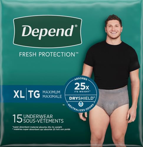 Depend FIT-Flex Incontinence Underwear for Men, Maximum Absorbency, Disposable, Extra-Large, Grey, 15 Count (Pack of 4)