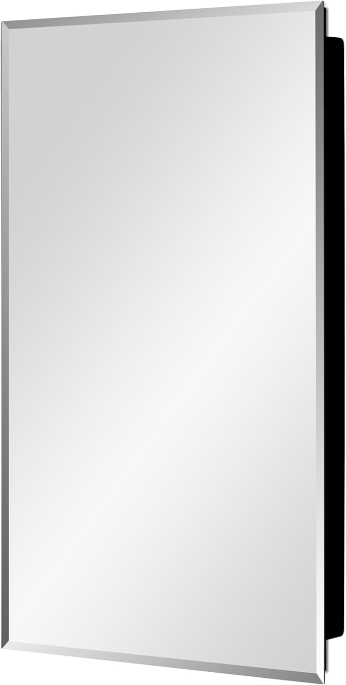 Black Plastic Medicine Mirror Cabinet for Bathroom with 18 x 28 inch Beveled Edge Mirror, Recessed and Surface Mount
