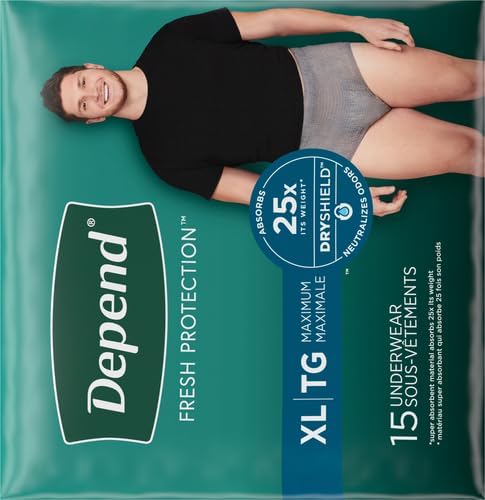 Depend FIT-Flex Incontinence Underwear for Men, Maximum Absorbency, Disposable, Extra-Large, Grey, 15 Count (Pack of 4)