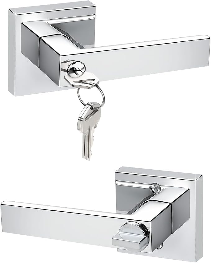KNOBWELL 1 Pack Polished Chrome Door Handle with Lock and Key Front Door Square Keyed Entry Doorknob