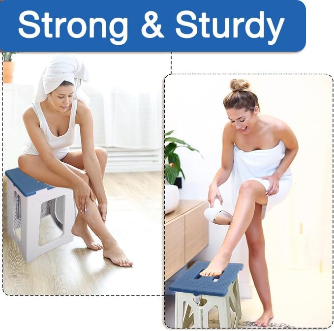 Foldable Small Waterproof Plastic Corner Stool for Bathroom - Foldable Non-Slip Shower Bench/Bathtub Stool for The Elderly, Blue-White Color Scheme,Holds Up to 330 lbs, 17.7 inches