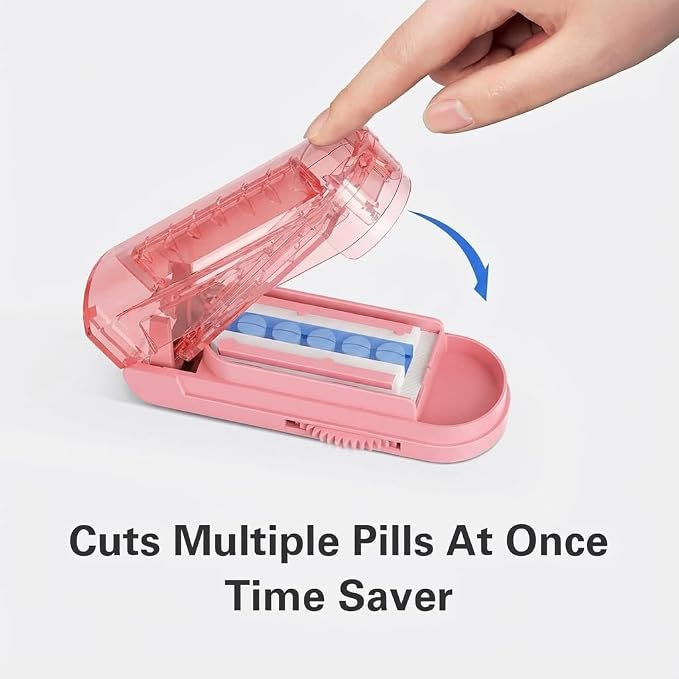 ONE PIX Multiple Pill Cutter Splitter for Small and Tiny Pills, Accurate 1/2 Tablet Splitter with Adjustable Bars & Hidden Blade, Safely Cuts Large Medication for Seniors & Pets, Pink