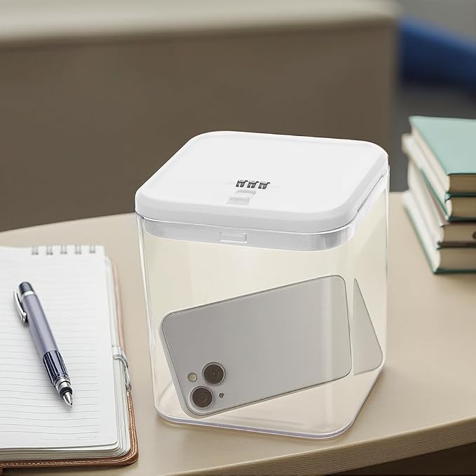 Clear Lockable Storage Box for Medicine Safe,Food Jar,Snacks,Phone - Secure Lock Box Refrigeator Container Bin Store Tank with Combination for Kitchen,Home,Office,Hospital (5.6×5.6×6.3 In) (White)