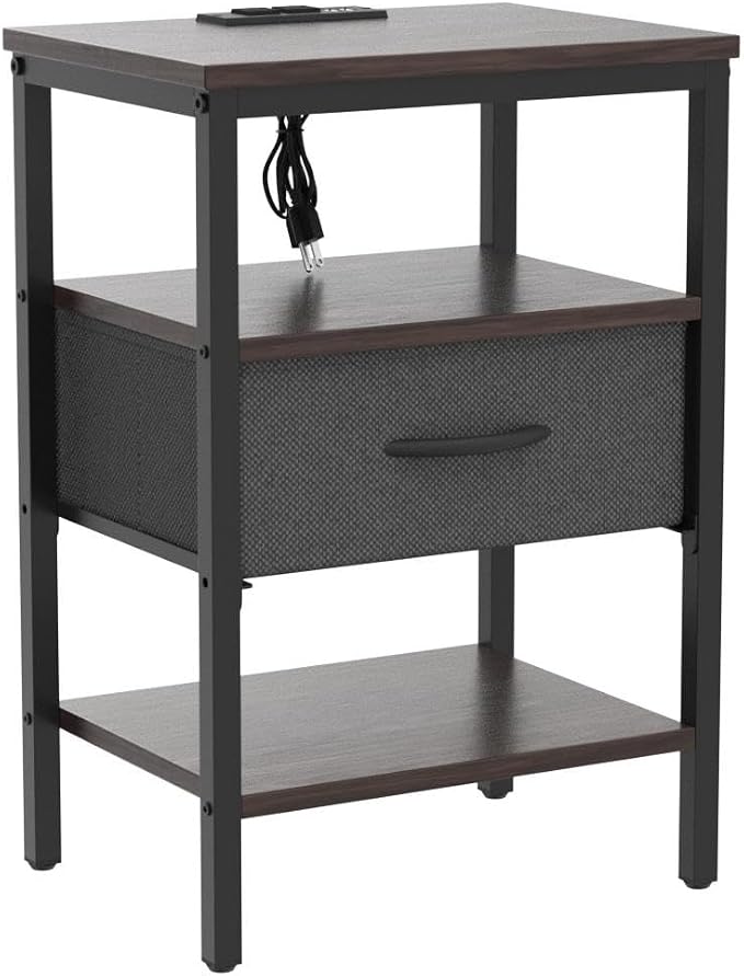SUPERJARE Nightstand Set of 2 with Charging Station, USB-C Port, End Tables | Night Stand for Bedroom, with Adjustable Fabric Drawer, 3-Tier Storage Bedside Tables for Living Room, Walnut