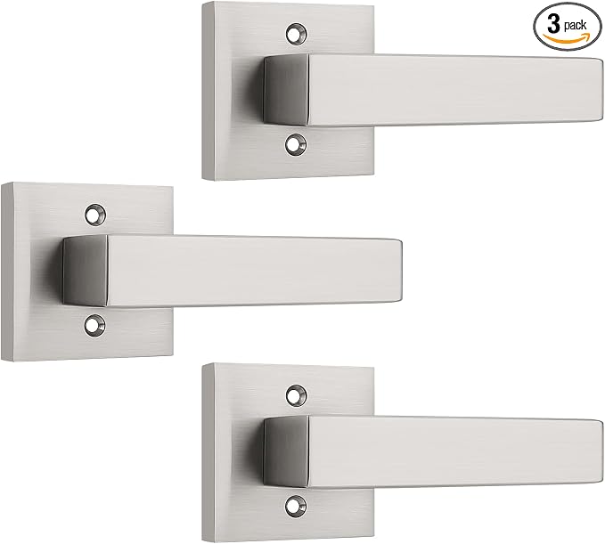 KNOBWELL 3 Pack Satin Nickel Dummy Door Handles Modern Square Door Lever Interior Closet Door Knob Inactive Single Side Door Handle
