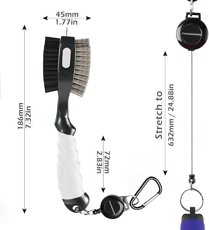 THIODOON 2 Pack Golf Club Brushes and Groove Cleaner 2 ft Retractable Zipline Carabiner Golf Brush Head with Retractable Spike Comfortable Grip Golf Club Cleaner