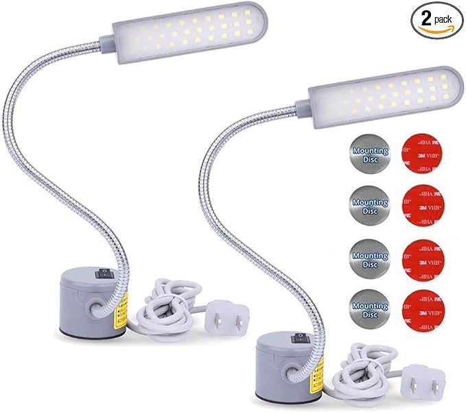 Sewing Machine Light LED Lighting (30LEDs) 6 Watt Multifunctional Flexible Gooseneck Arm Work Lamp with Magnetic Mounting Base for Workbench Lathe Drill Press 2 Pack Silver