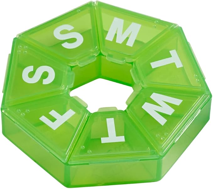 EZY DOSE 7-Day Weekly Pill Organizer, Daily Medicine Container and Vitamin Planner, Round Supplement Case, Compact Travel Friendly, Portable Storage Sorter, 7-Sided Circle, Green, BPA Free