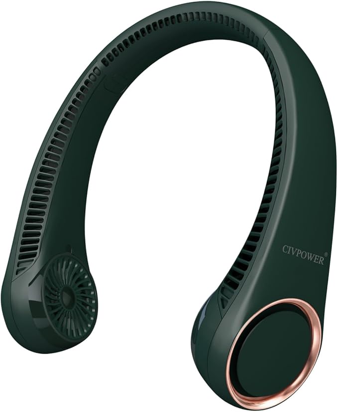 CIVPOWER Neck Fan: Portable Personal Neck Cooling Rechargeable Bladeless Fan - Hands Free 3 Speed 4000 mAh Battery USB Operated Wearable Headphone Design - Gift for Men Women Outdoor (Dark Green)