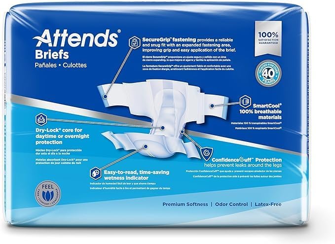 Attends Confidence® Adult Unisex Disposable SmartCool® Briefs, X-Large, 58"-63" Waist, SecureGrip Tab Closure, Ultimate Absorbency, Breathable Materials, 60ct Case