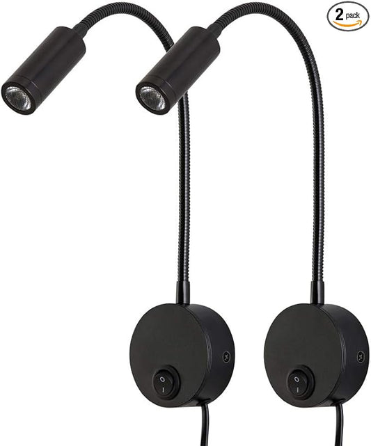 Reading Lamp Wall Sconces Light LED 3W Warm White 3000K Plug for Reading Books (Black 2pcs 3000K Cord)