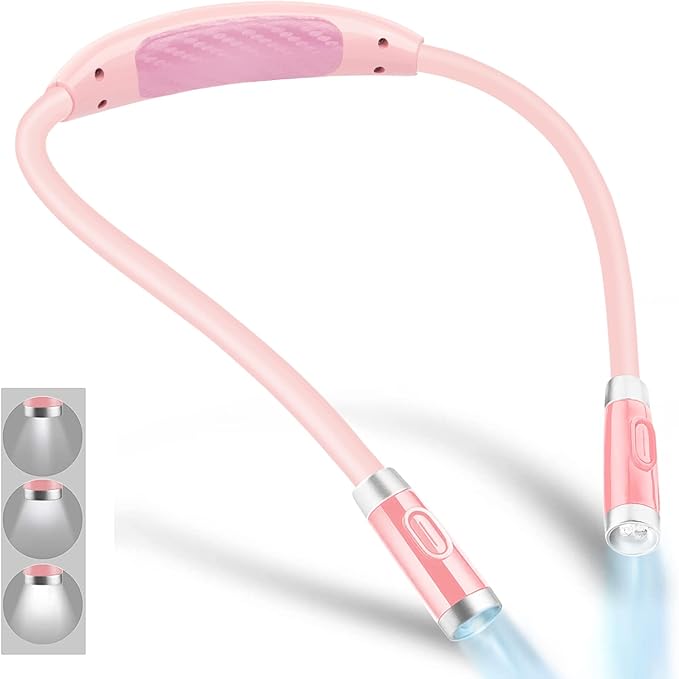 Vekkia Rechargeable LED Neck Reading Light, Book Lights for Reading in Bed, 3 Brightness Levels, Flexible Soft Silicone Arms Comfortable Wear, Long Lasting, Perfect for Craft & Knitting, Pink