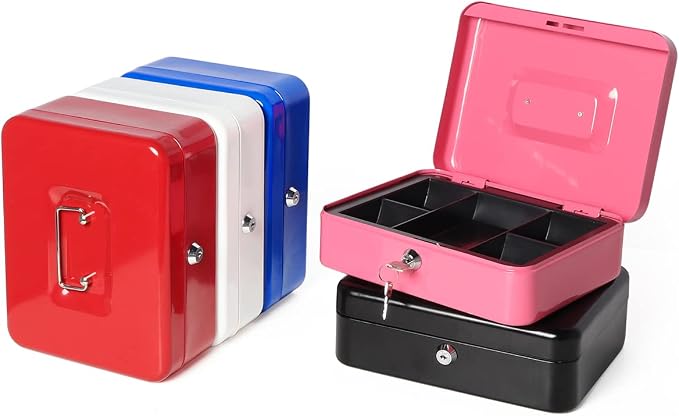 Jssmst Cash Box with Tray - Cash Box with Key Lock Safe Money Box with Cash Tray, Money Saving Box Lock Box for Money, 9.84'' x 7.87'' x 2.6'', Blue