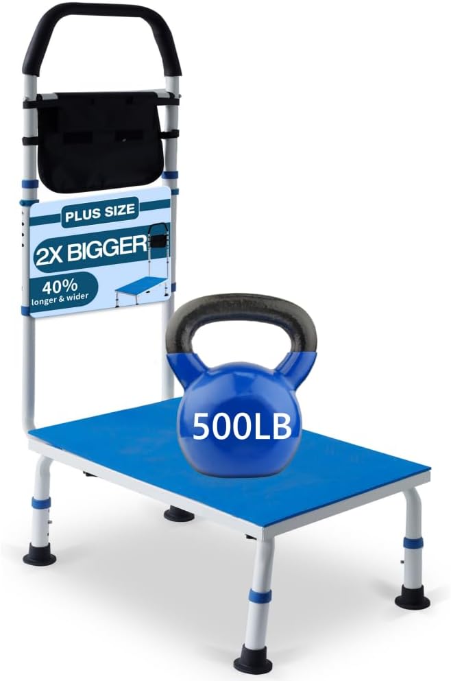 Plus Size Stepping Stool for Adults, Extra Wide Bed Step Stool with Handle | Plus Size Step Stool, SUV, Truck, Car Step Stools for Elderly, Carbon Steel Handle, 500 lbs Weight Capacity