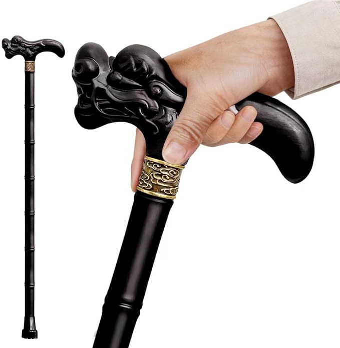 Wooden Walking Cane, 3D Dragon Engraved Cane Support up to 400 lb, Canes for Seniors Men Women of Different Heights