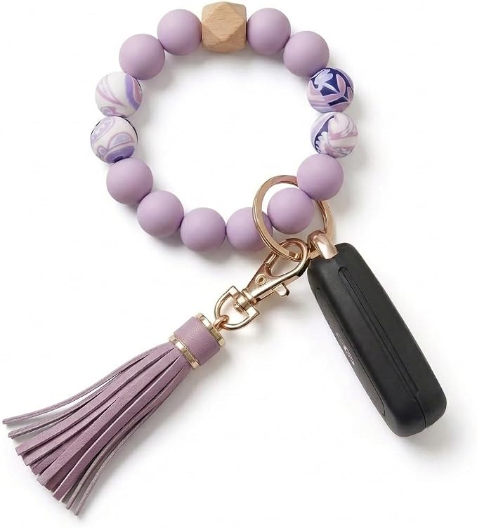 BIHRTC Key Ring Bracelet Car Keychain Holder Wristlet Silicone Women Beaded Bangle Chains