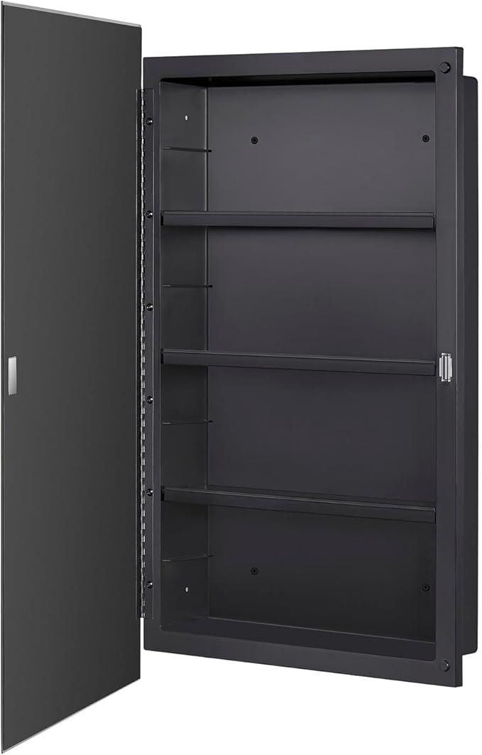 Black Plastic Medicine Mirror Cabinet for Bathroom with 18 x 28 inch Beveled Edge Mirror, Recessed and Surface Mount