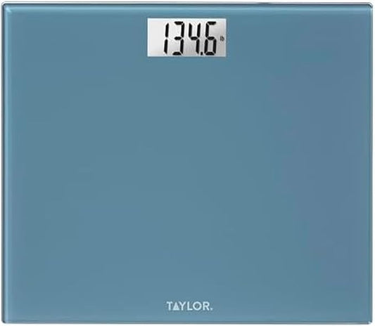 Taylor Digital Bathroom Scale for Body Weight, Extra-Wide 13x15 Slate Blue Glass Platform, Step-On Technology, Easy-Read Backlit Display, High Capacity, 5-Year Warranty