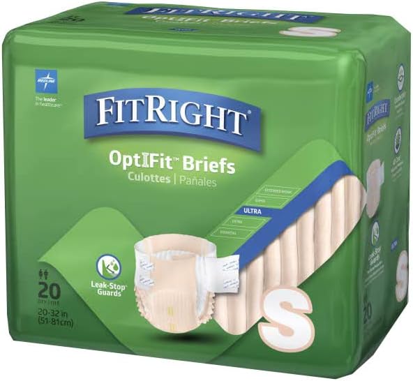 FitRight Adult Diapers, Ultra Heavy Absorbency, S (Waist Size 20in-32in), 20 Count, OptiFit Incontinence Briefs for Men and Women, Disposable, Moisture-Wicking, Leak Protection, (Pack of 2)