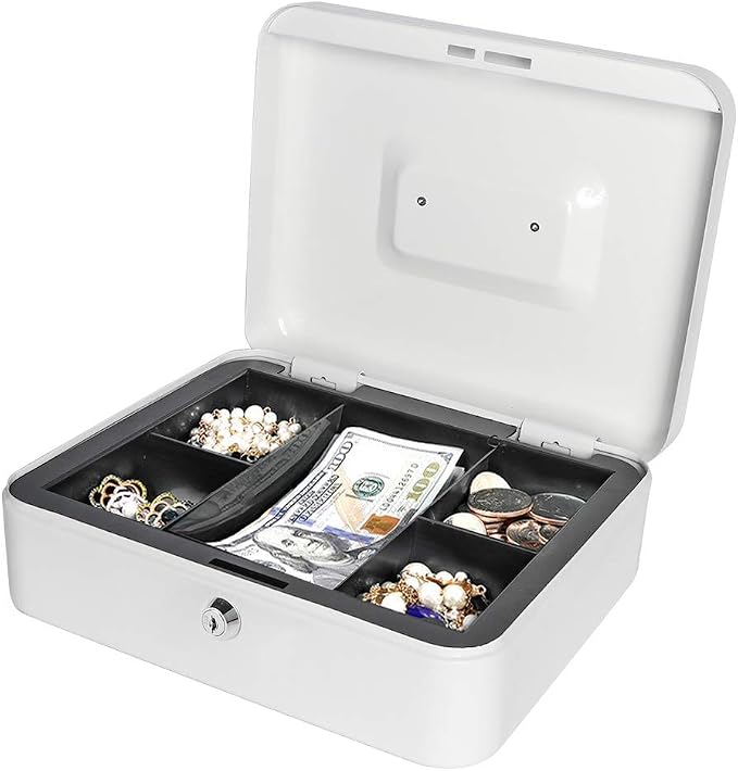 Jssmst Locking Large Metal Cash Box with Money Tray, Lock Box, White