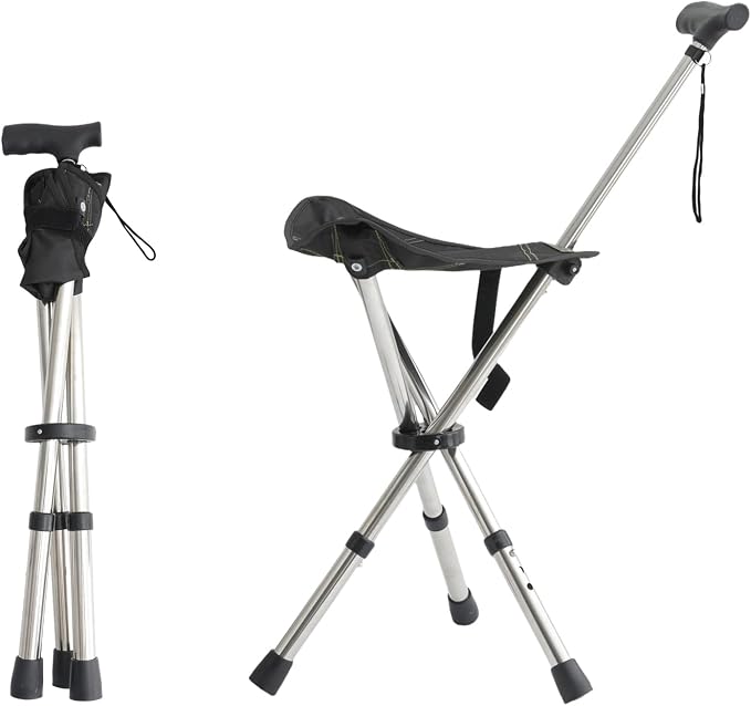 King Mills Lightweight Portable Stools for Adults Heavy Duty, Adjustable Walking Chair for Adults, Anti-Slip Cane Seat Walking Stick Folding Seat 250 Lbs Above Ideal for Camping & Hiking